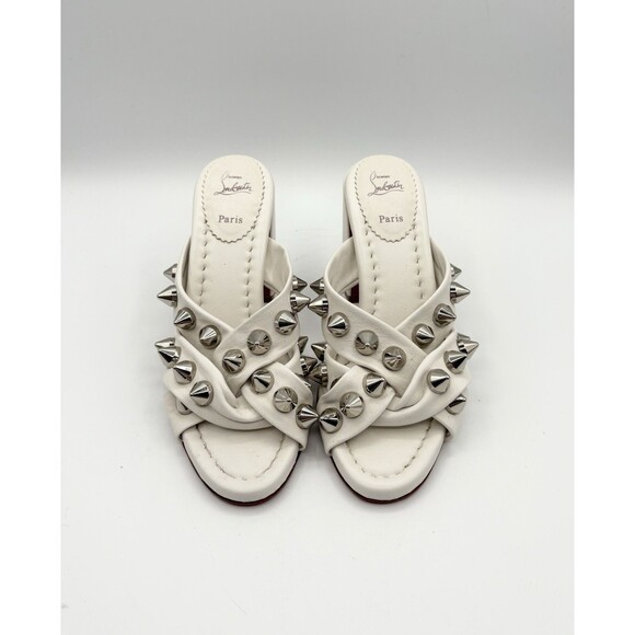 Christian Louboutin Shoes - Christian Louboutin White Leather Spiked Spika Club Block Heel Sandal Size EU 36